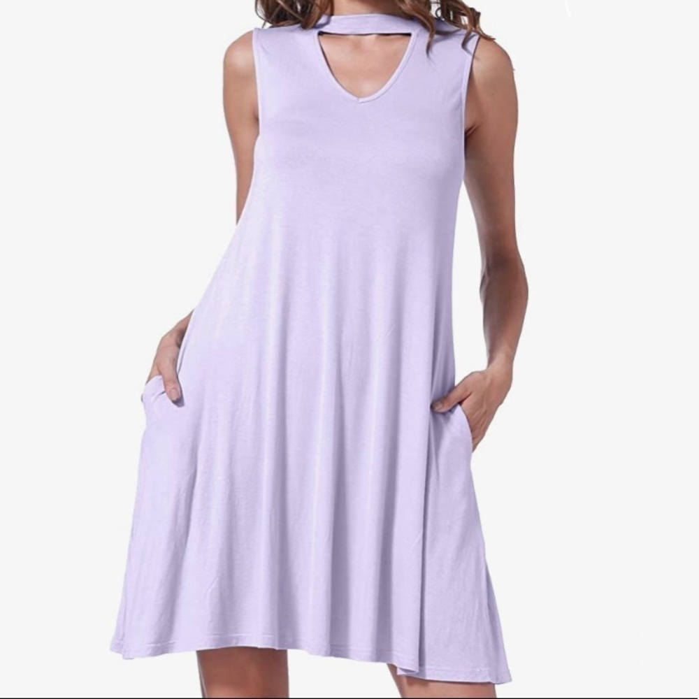 LIGHT PURPLE Summer Shift Dress w/ Neck Cutout Detail and Pockets
